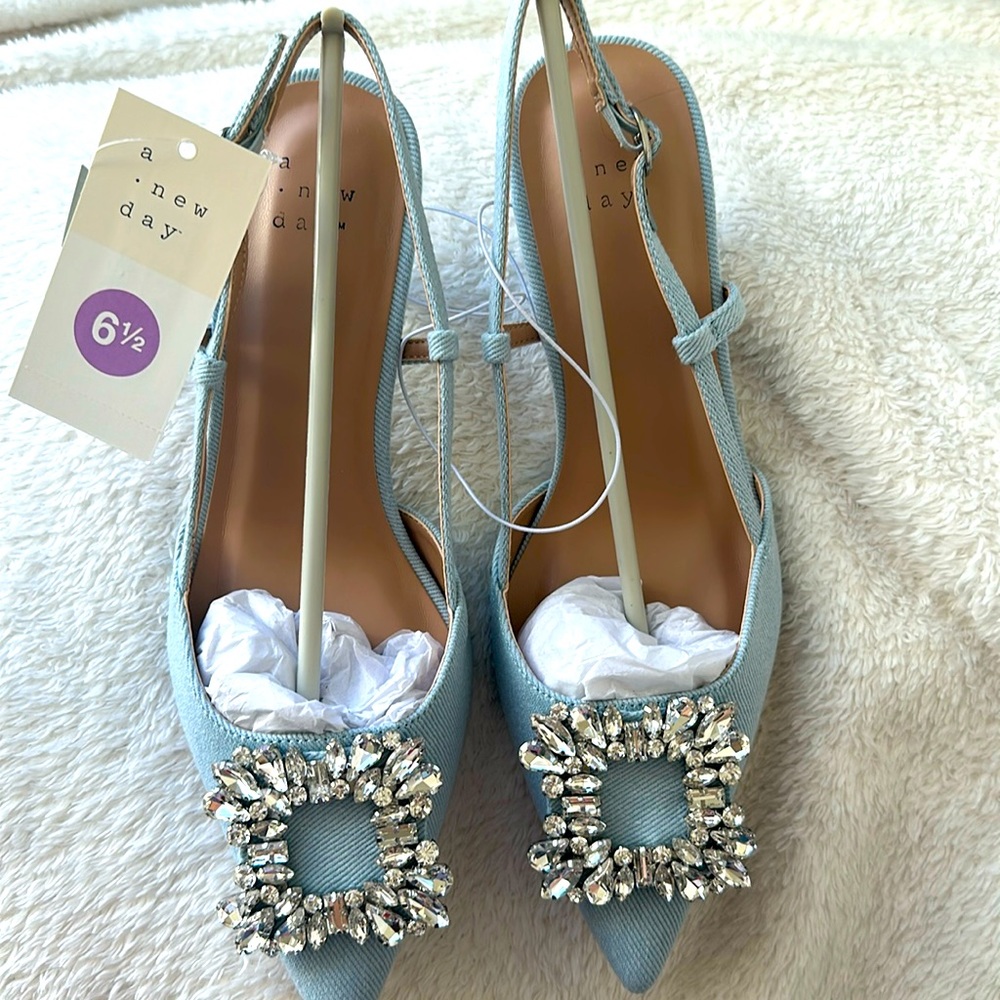Annette sling back heels. New day. Blue denim. New never worn, with box